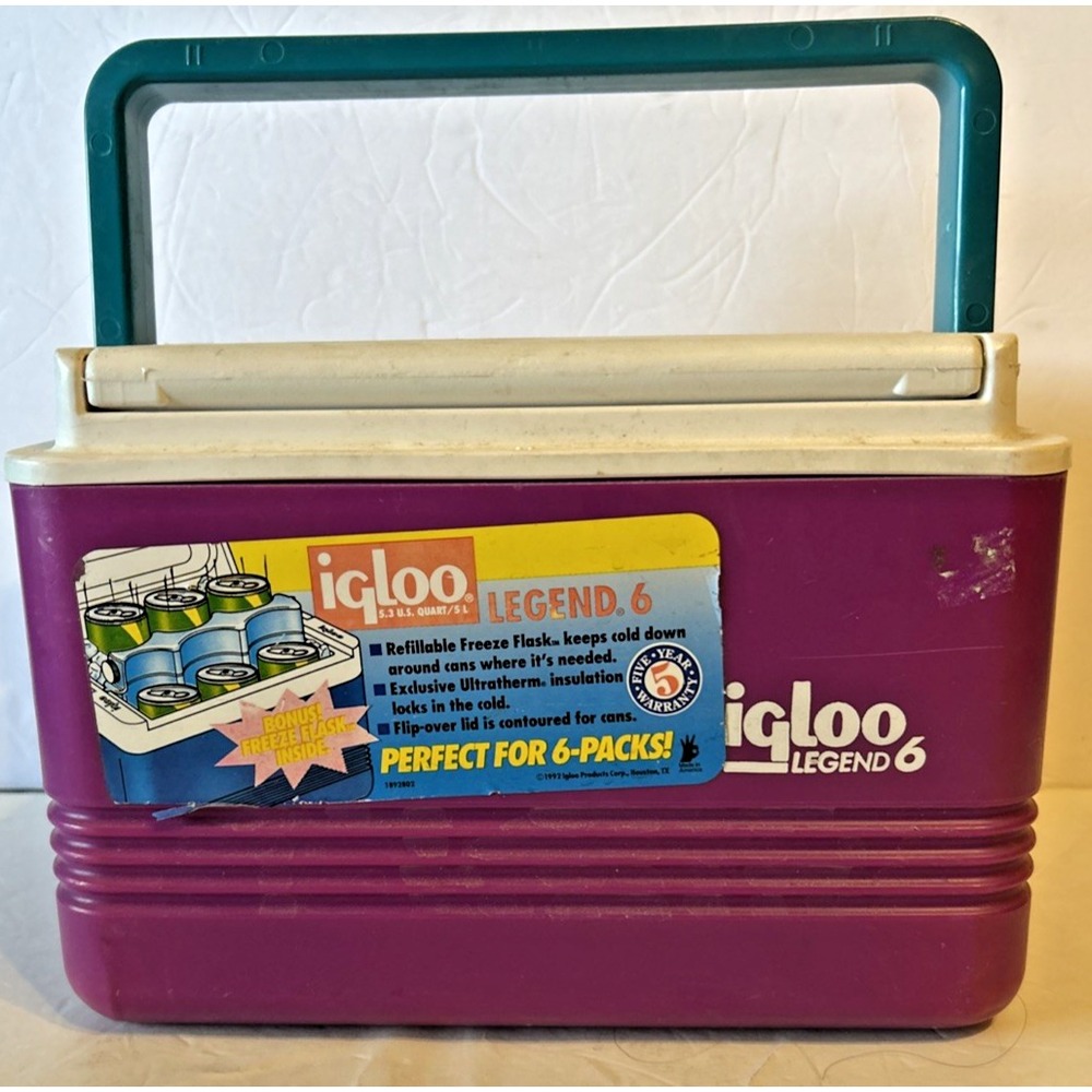 Vintage 1995 Igloo Cooler Legend 6 Purple and Green Holds 6 Cans Made USA 5.3 Qt